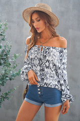 Printed Off-Shoulder Tied Balloon Sleeve Blouse - SHE BADDY© ONLINE WOMEN FASHION & CLOTHING STORE