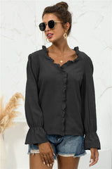 Frill Trim V-Neck Flounce Sleeve Shirt - SHE BADDY© ONLINE WOMEN FASHION & CLOTHING STORE