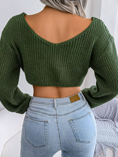 Twisted Front Long Sleeve Cropped Sweater - SHE BADDY© ONLINE WOMEN FASHION & CLOTHING STORE