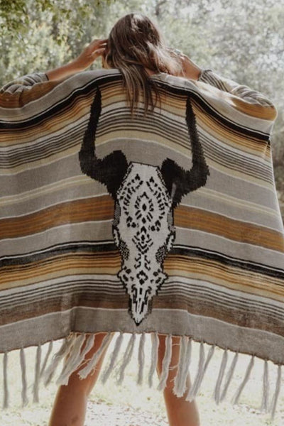 Leto Desert Wanderer Cow Skull Striped Poncho - SHE BADDY© ONLINE WOMEN FASHION & CLOTHING STORE