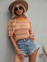 Striped Openwork Half Sleeve Knit Top - SHE BADDY© ONLINE WOMEN FASHION & CLOTHING STORE