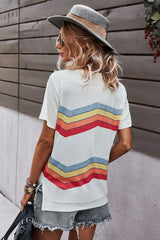 Multicolored Chevron Stripe Round Neck Side Slit T-Shirt - SHE BADDY© ONLINE WOMEN FASHION & CLOTHING STORE