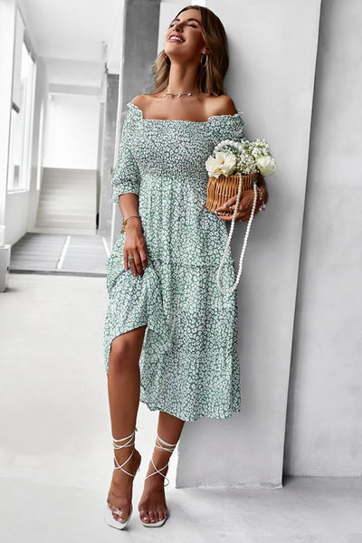 Ditsy Floral Off-Shoulder Smocked Midi Dress - SHE BADDY© ONLINE WOMEN FASHION & CLOTHING STORE