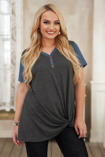 Plus Size Contrast Twisted Henley Tee - SHE BADDY© ONLINE WOMEN FASHION & CLOTHING STORE