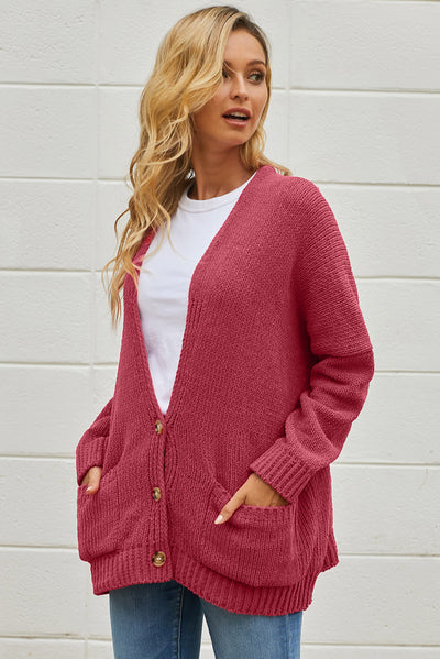 Button Front Plunge Cardigan with Front Pockets - SHE BADDY© ONLINE WOMEN FASHION & CLOTHING STORE