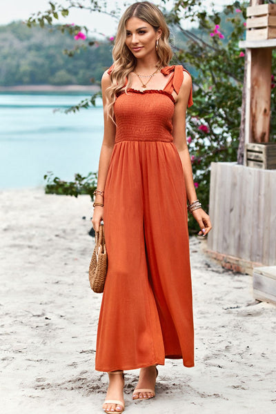 Frill Trim Tie Shoulder Wide Leg Jumpsuit with Pockets - SHE BADDY© ONLINE WOMEN FASHION & CLOTHING STORE