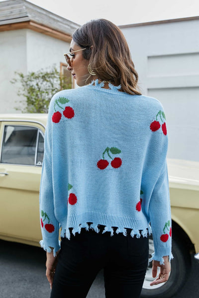Cherry Pattern Frayed Trim V-Neck Sweater - SHE BADDY© ONLINE WOMEN FASHION & CLOTHING STORE
