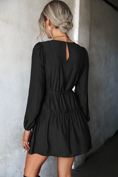Frill Trim Tie Waist Puff Sleeve Mini Dress - SHE BADDY© ONLINE WOMEN FASHION & CLOTHING STORE