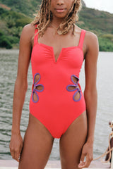 Contrast Trim Cutout Notched Neck One-Piece Swimsuit - SHE BADDY© ONLINE WOMEN FASHION & CLOTHING STORE