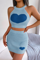 Heart Contrast Ribbed Sleeveless Knit Top and Skirt Set - SHE BADDY© ONLINE WOMEN FASHION & CLOTHING STORE