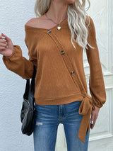 Rib-Knit Asymmetrical Button Blouse - SHE BADDY© ONLINE WOMEN FASHION & CLOTHING STORE