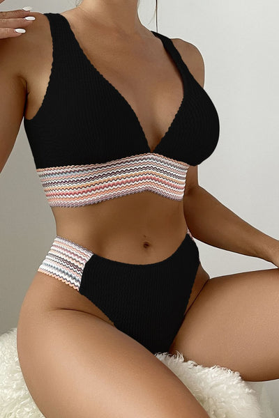 Contrast Textured High Cut Swim Set - SHE BADDY© ONLINE WOMEN FASHION & CLOTHING STORE