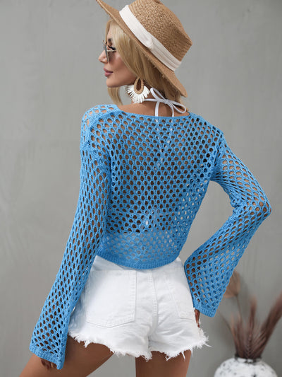 Openwork Flare Sleeve Cropped Cover Up - SHE BADDY© ONLINE WOMEN FASHION & CLOTHING STORE