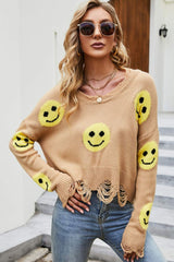 Smiley Face Distressed Round Neck Sweater - SHE BADDY© ONLINE WOMEN FASHION & CLOTHING STORE