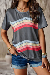 Multicolored Chevron Stripe Round Neck Side Slit T-Shirt - SHE BADDY© ONLINE WOMEN FASHION & CLOTHING STORE