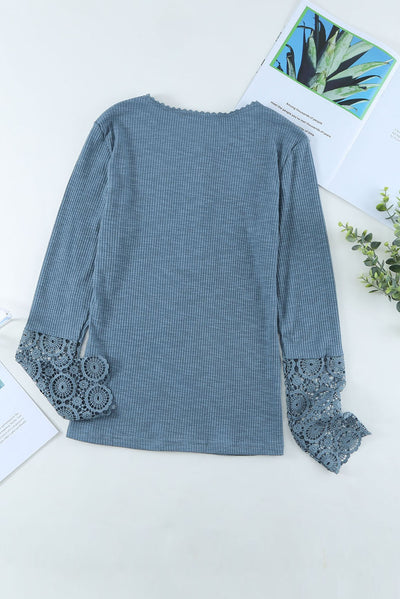 Crochet Lace Hem Sleeve Button Top - SHE BADDY© ONLINE WOMEN FASHION & CLOTHING STORE