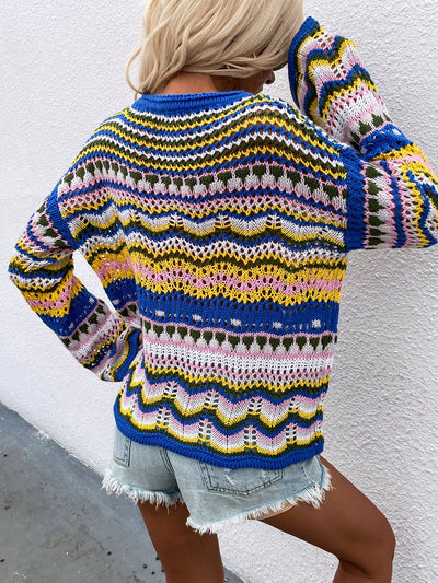 Rainbow Stripe Openwork Flare Sleeve Knit Top - SHE BADDY© ONLINE WOMEN FASHION & CLOTHING STORE