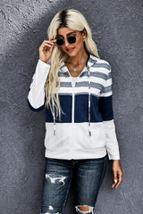 Striped Color Block Drawstring Zip Up Hoodie - SHE BADDY© ONLINE WOMEN FASHION & CLOTHING STORE