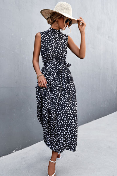 Printed Mock Neck Sleeveless Belted Tiered Dress - SHE BADDY© ONLINE WOMEN FASHION & CLOTHING STORE