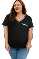 Plus Size Contrast Sequin V-Neck Tee Shirt - SHE BADDY© ONLINE WOMEN FASHION & CLOTHING STORE