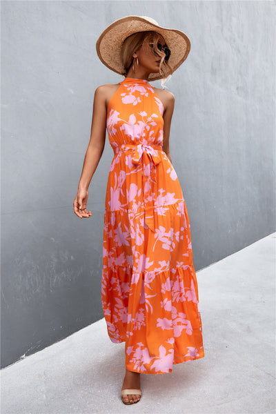 Printed Sleeveless Tie Waist Maxi Dress - SHE BADDY© ONLINE WOMEN FASHION & CLOTHING STORE