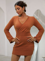 Openwork Ribbed Trim Surplice Sweater Dress - SHE BADDY© ONLINE WOMEN FASHION & CLOTHING STORE