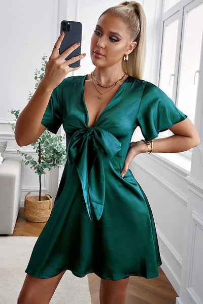 Tie Front Plunge Flutter Sleeve Mini Dress - SHE BADDY© ONLINE WOMEN FASHION & CLOTHING STORE