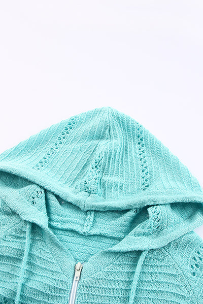 Zip-Up Raglan Sleeve Openwork Hooded Cardigan - SHE BADDY© ONLINE WOMEN FASHION & CLOTHING STORE