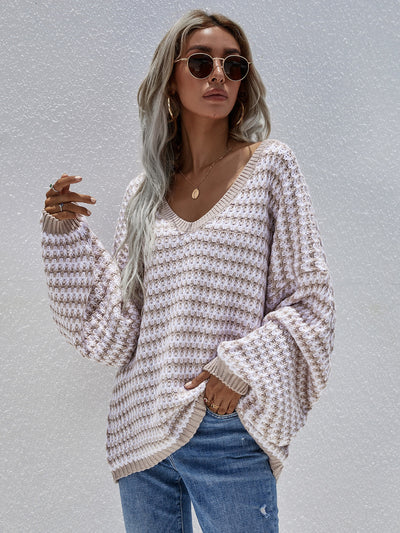 Striped Drop Shoulder V-Neck Pullover Sweater - SHE BADDY© ONLINE WOMEN FASHION & CLOTHING STORE