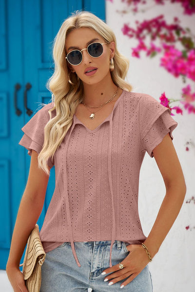 Eyelet Tie-Neck Flutter Sleeve Blouse - SHE BADDY© ONLINE WOMEN FASHION & CLOTHING STORE