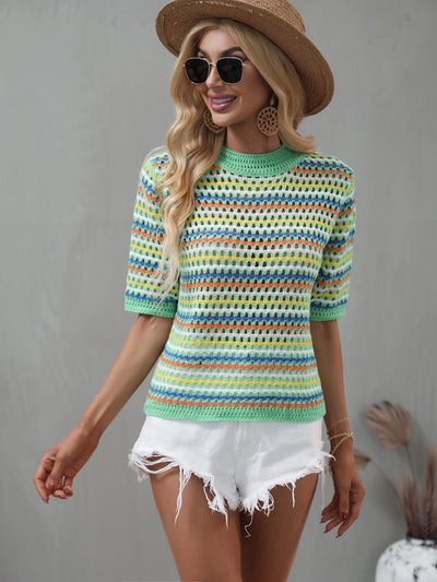 Striped Openwork Half Sleeve Knit Top - SHE BADDY© ONLINE WOMEN FASHION & CLOTHING STORE