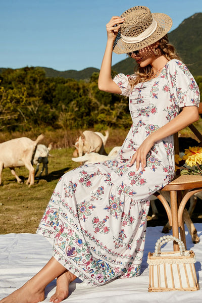 Floral Ruched Puff Sleeve Tiered Maxi Dress - SHE BADDY© ONLINE WOMEN FASHION & CLOTHING STORE