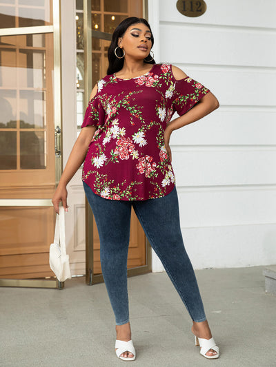 Plus Size Cold-Shoulder Round Neck Curved Hem Tee - SHE BADDY© ONLINE WOMEN FASHION & CLOTHING STORE