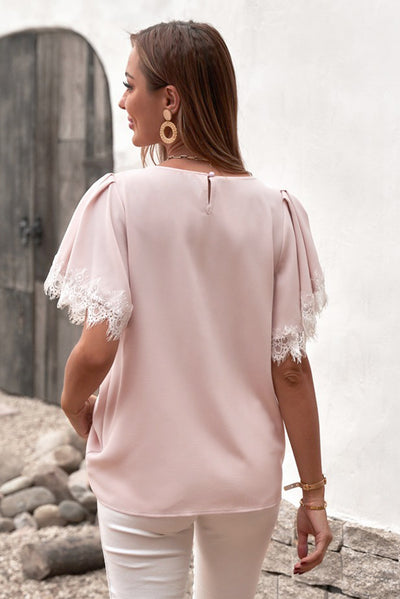 Lace Trim Flutter Sleeve Blouse - SHE BADDY© ONLINE WOMEN FASHION & CLOTHING STORE