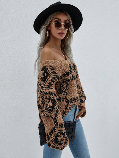 Geometric Print Chunky Knit Sweater - SHE BADDY© ONLINE WOMEN FASHION & CLOTHING STORE