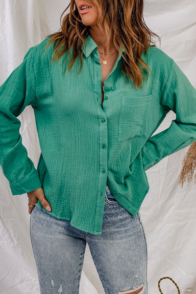 Textured Button Down Shirt with Pocket - SHE BADDY© ONLINE WOMEN FASHION & CLOTHING STORE