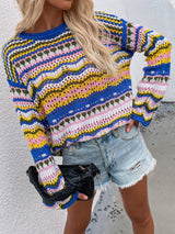 Rainbow Stripe Openwork Flare Sleeve Knit Top - SHE BADDY© ONLINE WOMEN FASHION & CLOTHING STORE