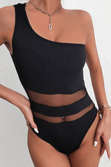 Open Back One-Shoulder Spliced Mesh Bodysuit - SHE BADDY© ONLINE WOMEN FASHION & CLOTHING STORE