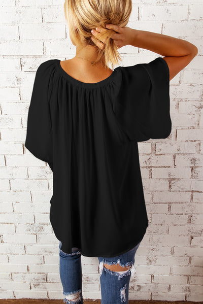 Gathered Detail Notched Neck Flutter Sleeve Top - SHE BADDY© ONLINE WOMEN FASHION & CLOTHING STORE