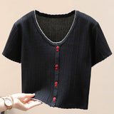 Contrast Decorative Button Short Sleeve Knit Top - SHE BADDY© ONLINE WOMEN FASHION & CLOTHING STORE