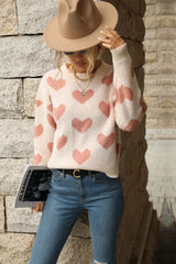 Heart Pattern Dropped Shoulder Sweater - SHE BADDY© ONLINE WOMEN FASHION & CLOTHING STORE