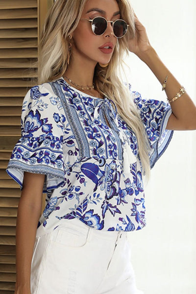 Printed Buttoned Flounce Sleeve Blouse - SHE BADDY© ONLINE WOMEN FASHION & CLOTHING STORE