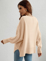 Exposed Seam Dropped Shoulder Slit Sweater - SHE BADDY© ONLINE WOMEN FASHION & CLOTHING STORE