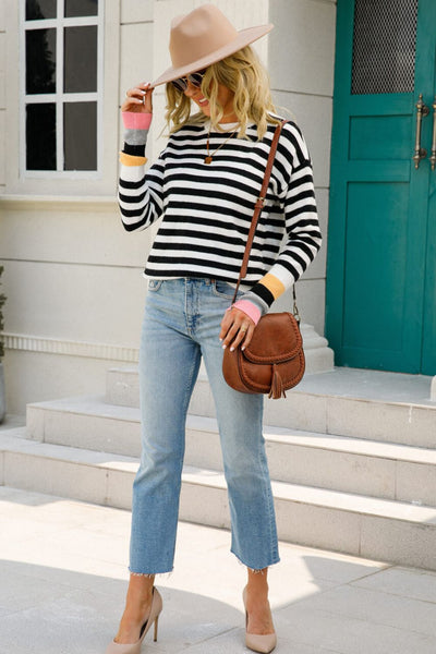 Warm Spice Striped Round Neck Sweater - SHE BADDY© ONLINE WOMEN FASHION & CLOTHING STORE