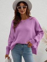 Exposed Seam Dropped Shoulder Slit Sweater - SHE BADDY© ONLINE WOMEN FASHION & CLOTHING STORE