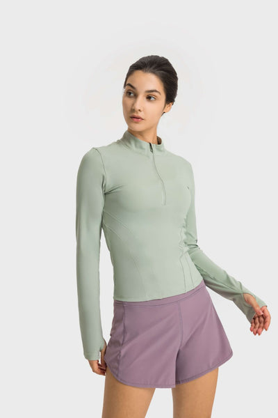 Half Zip Thumbhole Sleeve Sports Top - SHE BADDY© ONLINE WOMEN FASHION & CLOTHING STORE