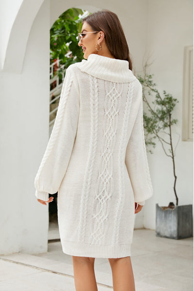 Mixed Knit Turtleneck Lantern Sleeve Sweater Dress - SHE BADDY© ONLINE WOMEN FASHION & CLOTHING STORE