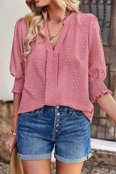 Textured Notched Neck Puff Sleeve Blouse - SHE BADDY© ONLINE WOMEN FASHION & CLOTHING STORE