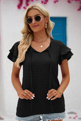 Swiss Dot Tie-Neck Flutter Sleeve Blouse - SHE BADDY© ONLINE WOMEN FASHION & CLOTHING STORE