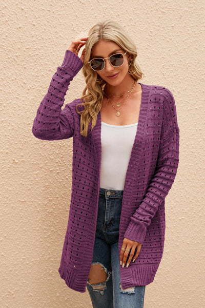 Openwork Horizontal Ribbing Open Front Cardigan - SHE BADDY© ONLINE WOMEN FASHION & CLOTHING STORE